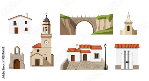 Charming spanish architecture: traditional houses, churches, and bridges