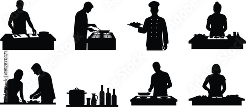 Cooking and chef silhouettes preparing food in kitchen isolated on white background culinary activity restaurant vector illustration set collection