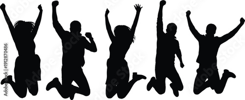 Group of people jumping silhouettes celebrating success isolated on white background joyful achievement energy vector illustration concept