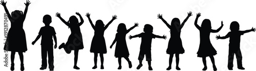 Happy children silhouettes jumping and raising hands isolated on white background joyful childhood celebration vector illustration set collection