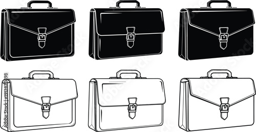 Leather briefcase bag set in black and outline styles isolated on white background business accessory vector illustration collection