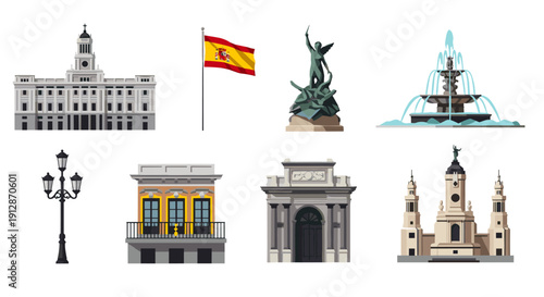 Iconic spanish landmarks and architecture in flat style design