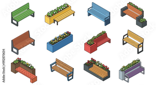 Isometric collection of colorful park benches with floral arrangements