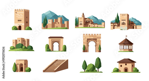 Flat medieval fortress elements set with castles and towers for design projects
