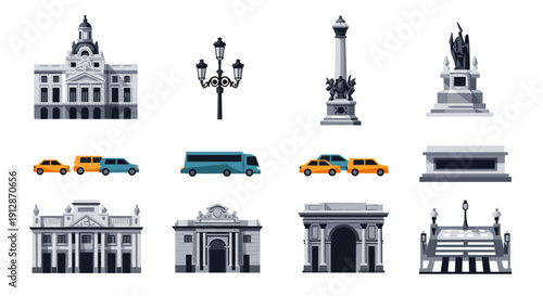 European architectural landmarks and transportation icons in flat design