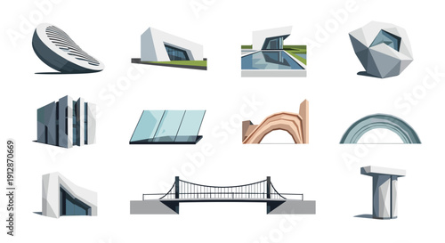 Modern architectural design styles featuring abstract shapes and futuristic structures