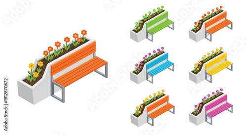 Isometric flower planter benches in various vibrant color schemes