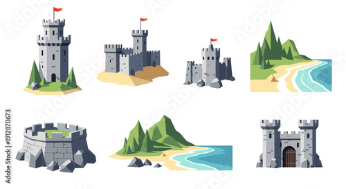 Medieval castles and scenic landscapes in flat design