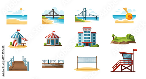 Coastal recreation icons set featuring beach, bridge, and hotel elements in flat graphic style