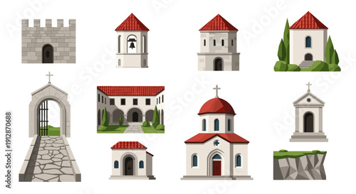 Collection of old stone buildings with red roofs and greenery elements