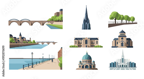 Flat design landmark collection: iconic architecture and scenic elements