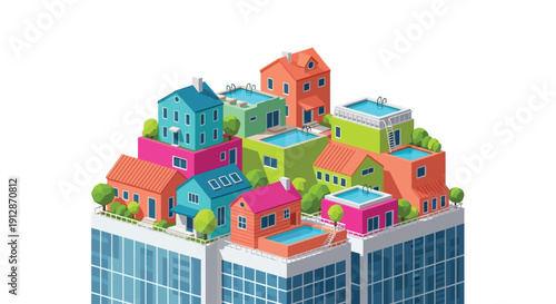 Isometric illustration of a colorful blocky cityscape with swimming pools