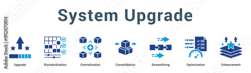 System Upgrade  Modern and clean web banner illustration vector featuring thematic icons