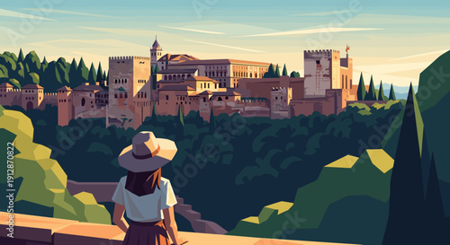 Sunset view of majestic castle with woman in hat in stylish flat art design