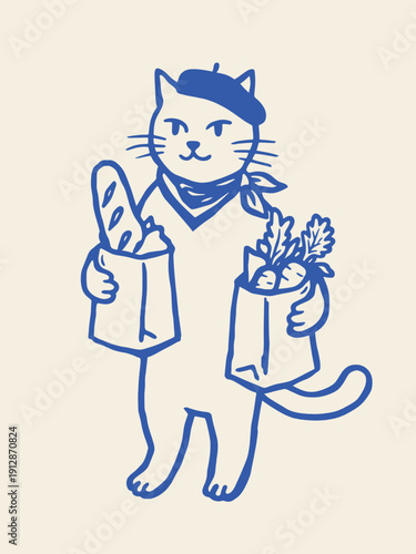 Cat with grocery bags naive line art vector illustration
