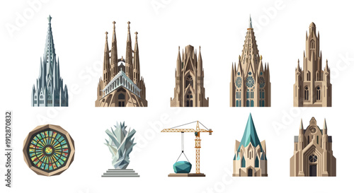 Gothic architecture elements with modern construction elements in flat style