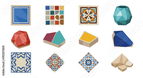 Geometric shapes and tiles with abstract patterns in vibrant colors