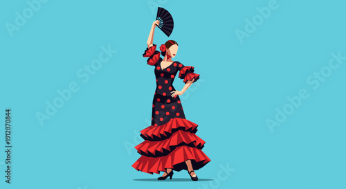 Traditional flamenco dancer in vibrant dress with fan on blue background