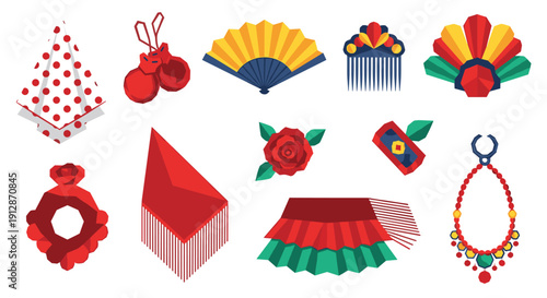 Colorful traditional spanish flamenco accessories set