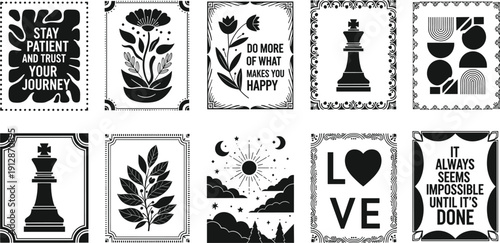 Minimalist black and white linocut art collection with inspirational quotes botanical elements and chess pieces silhouettes.