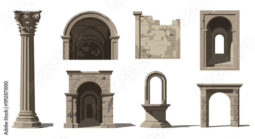 Collection of ancient architectural elements in flat design