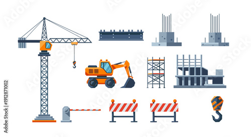 Construction site equipment and machinery collection in modern flat design