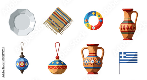 Geometric traditional greek pottery and décor with vibrant patterns