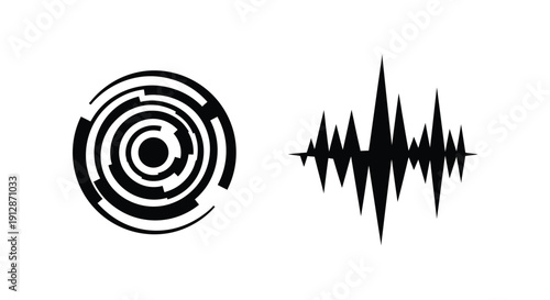 Abstract black icons depicting a spiral and sound wave form