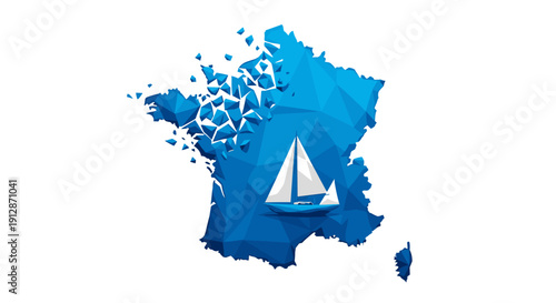 Geometric blue france map with sailing boat and fragmented design elements