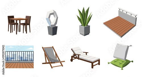 Modern outdoor furniture and decor elements for balcony and patio spaces