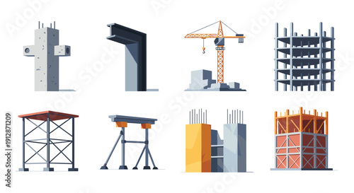 Modern construction elements featuring frameworks and machinery