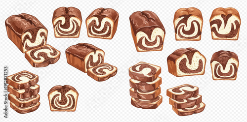 Watercolor illustration of chocolate swirl bread loaves and slices, perfect for bakery and dessert designs.