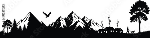 Black silhouette of mountain range with trees houses and person walking dog