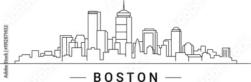 Boston city skyline illustration with buildings and skyscrapers in one line drawing style