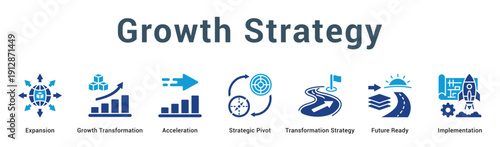 Growth Strategy  Modern and clean web banner illustration vector featuring thematic icons