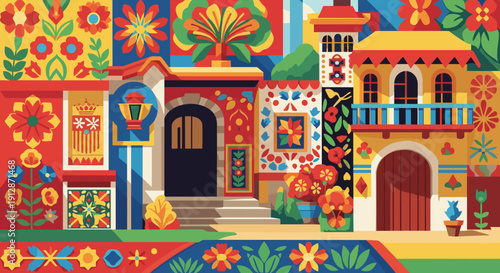 Vibrant mexican folk art with colorful geometric patterns and floral designs