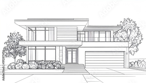 Architectural Sketch of a Modern Two-Story House with Landscaping.