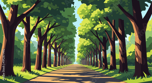 Peaceful pathway through lush tree-lined avenue in vibrant flat design