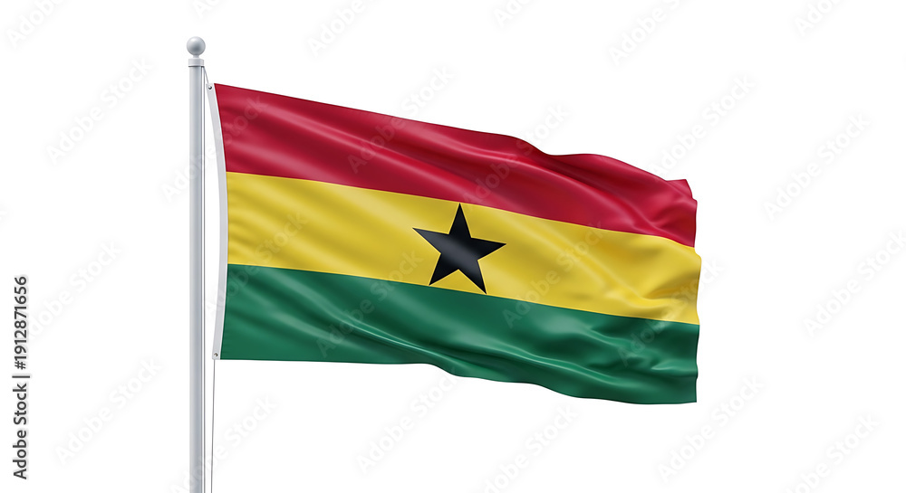 Fototapeta premium Ghanaian flag waving on a silver flagpole against a plain white background.