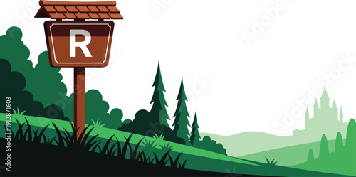Cartoon landscape with signpost and castle in distance on green hills with trees