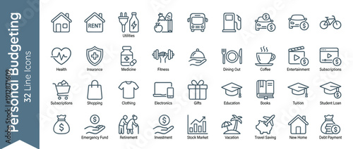 Personal Budgeting Line Icon Set featuring 32 Modern Icons for Financial Planning, Expense Tracking, Saving Goals, Retirement, Education, Health, Travel, and Debt Management in Vector Style.
