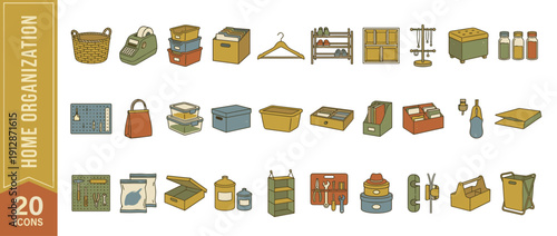 Vintage Style Home Organization Icon Set Featuring 20 Muted Tone Vector Illustrations of Storage Bins, Baskets, Shelves, Tool Organizers, Laundry Hampers, Kitchen Jars, and Closet Solutions.