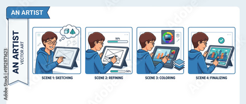 Set of 4 Vector Illustrations Showing a Digital Artist's Creative Process on a Tablet, from Initial Sketching and Refining to Coloring and Finalizing a Cityscape Artwork in a Modern Style.