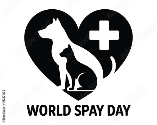 Black and white vector illustration for World Spay Day featuring a dog and cat silhouette inside a heart shape with a medical cross, isolated on white background.