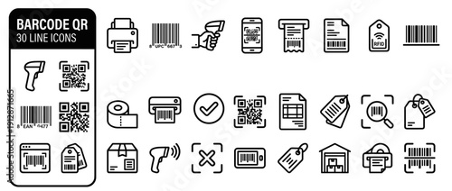 Vector Line Icon Set of 30 Barcode and QR Code Scanning and Label Printing Icons. Bold Line Vector Style for Retail, Logistics, Inventory Management, Shipping, and Warehouse Operations.