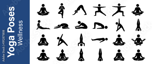 Yoga Poses Wellness Vector Icon Set: Collection of Black Silhouettes Representing Various Yoga Asanas and Exercises for Fitness, Health, Meditation, Stretching, and Mindfulness Design Projects.