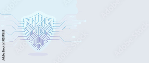 Panoramic Cybersecurity Shield Vector Illustration: Abstract Digital Background with Circuit Board Traces and Glowing Protection Symbol for Network Security, Data Privacy, and Firewall Defense