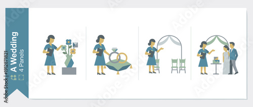 Professional Wedding Planner Coordinating Event Details in 4 Vector Illustrations: Arranging Flowers, Preparing Rings, Setting Up Ceremony Venue with Arch, and Meeting Bride and Groom with Cake.