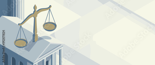 Panoramic Vector Illustration of Legal Services Banner with Scales of Justice Silhouette and Courthouse Architecture, Professional Law and Justice Concept Background with Copy Space for Text