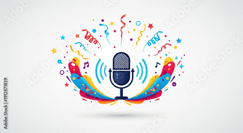 Vibrant microphone graphic with colorful confetti and music symbols for podcasting or broadcasting